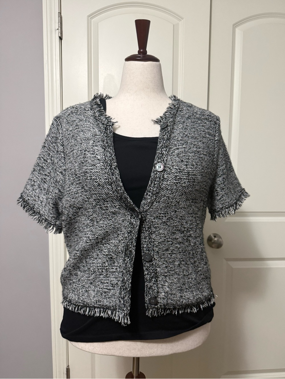 J. Crew Factory Gray Fringe-Trim Short-Sleeve Knit Cardigan